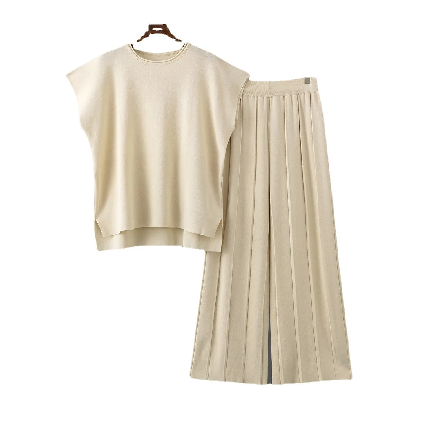 Sleeveless vest knit wide-leg pants ice silk set in solid colour for women plus size commute style