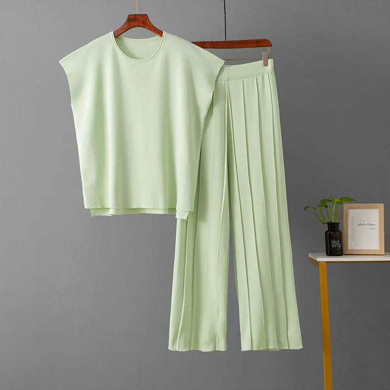 Sleeveless vest knit wide-leg pants ice silk set in solid colour for women plus size commute style