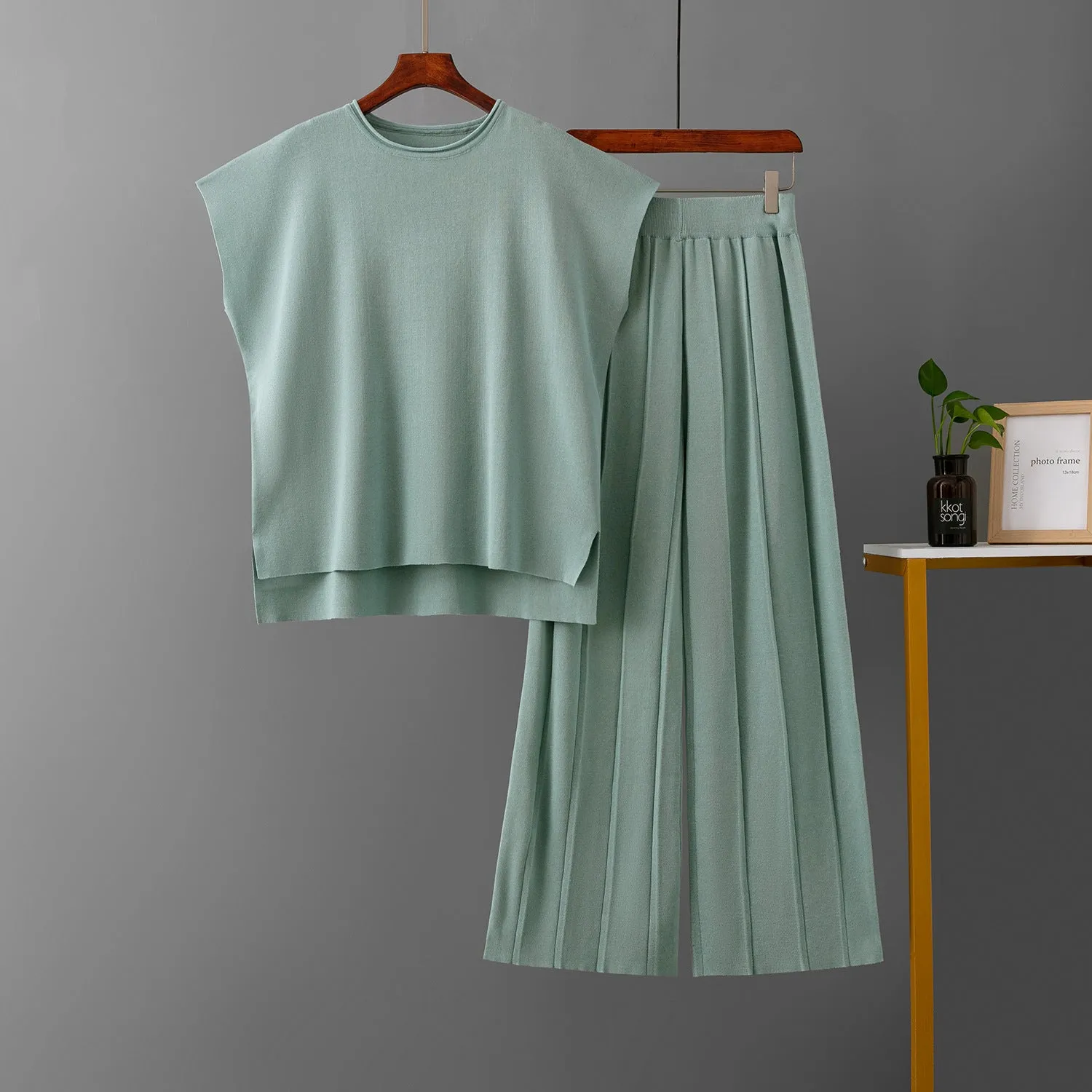 Sleeveless vest knit wide-leg pants ice silk set in solid colour for women plus size commute style