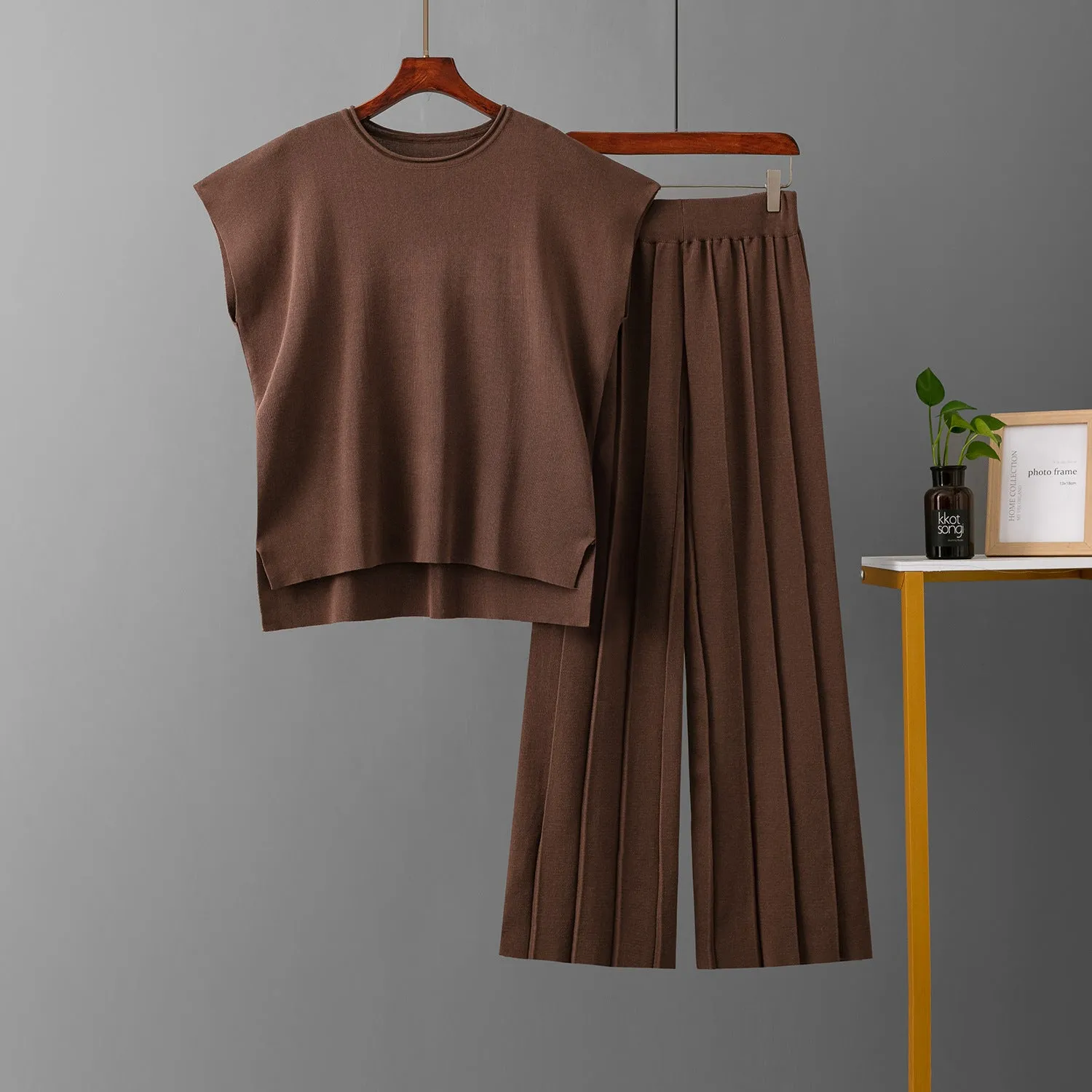 Sleeveless vest knit wide-leg pants ice silk set in solid colour for women plus size commute style
