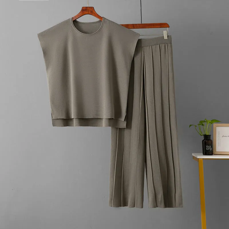 Sleeveless vest knit wide-leg pants ice silk set in solid colour for women plus size commute style