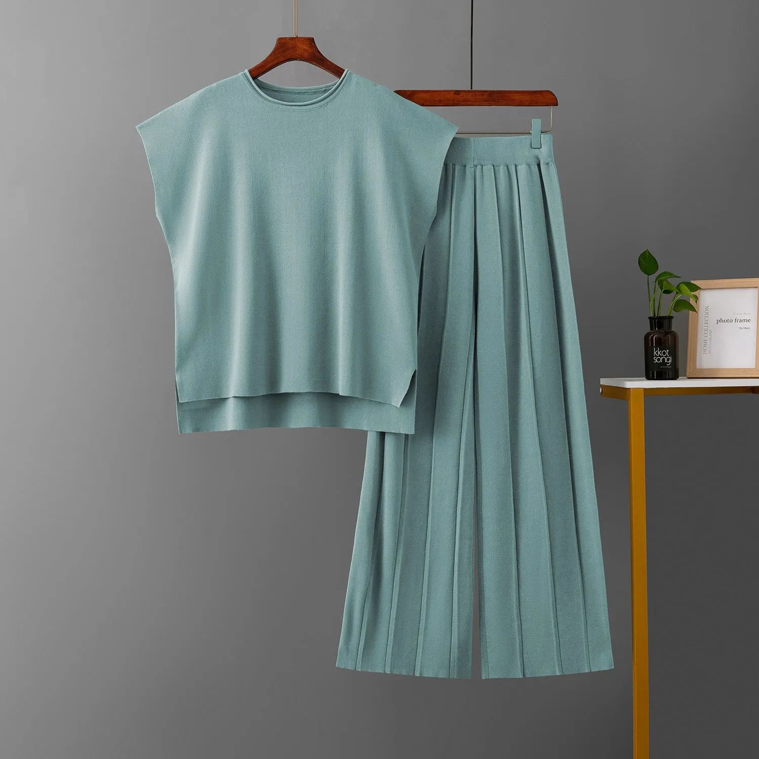 Sleeveless vest knit wide-leg pants ice silk set in solid colour for women plus size commute style