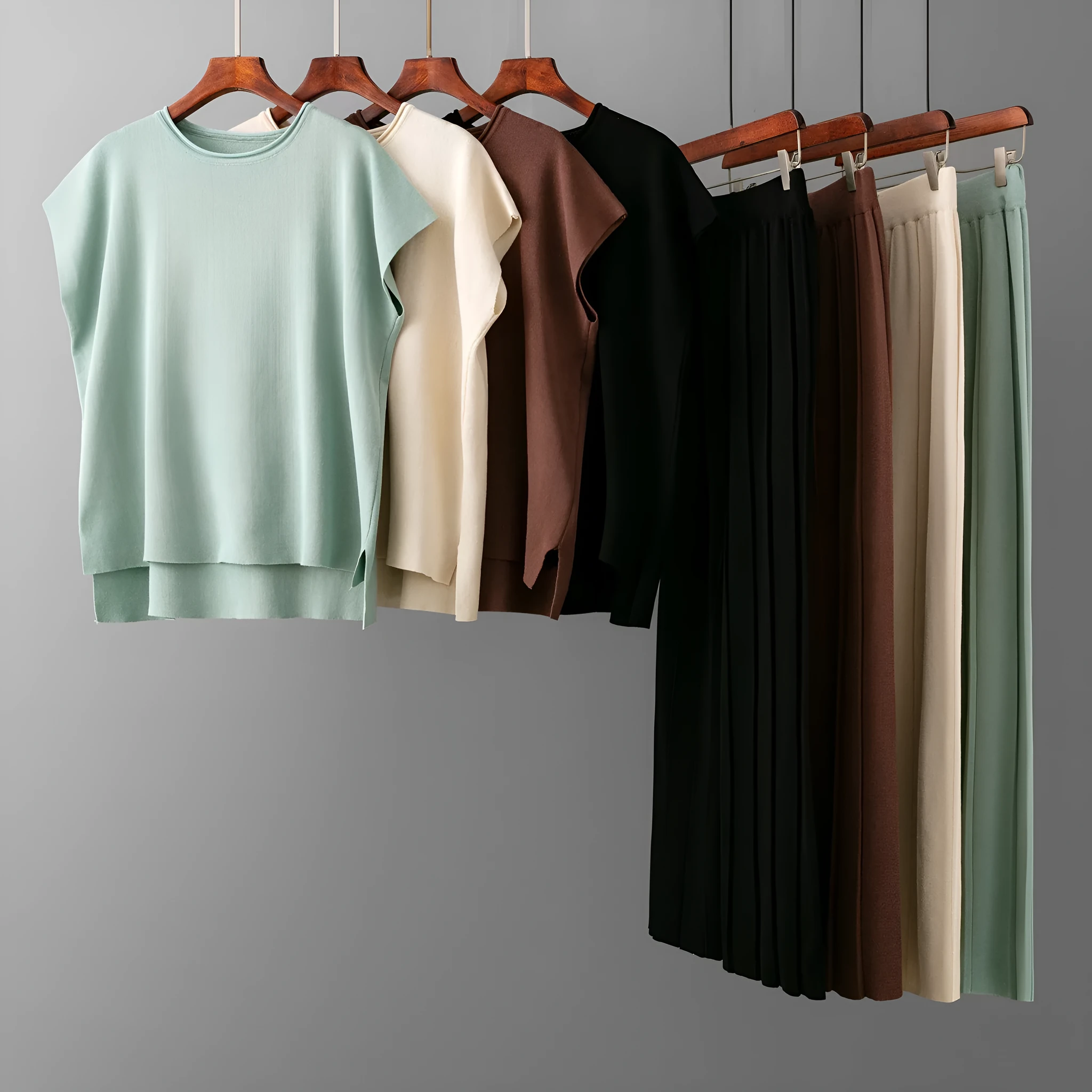 Sleeveless vest knit wide-leg pants ice silk set in solid colour for women plus size commute style