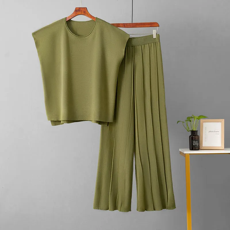 Sleeveless vest knit wide-leg pants ice silk set in solid colour for women plus size commute style