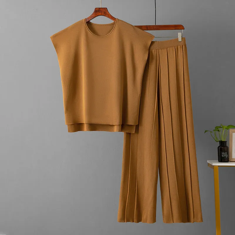 Sleeveless vest knit wide-leg pants ice silk set in solid colour for women plus size commute style