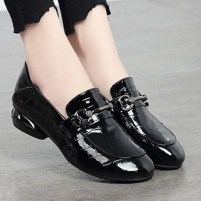 Soft leather British style shiny PU slip-on high heel shoes for women in black with rhinestones and buckle