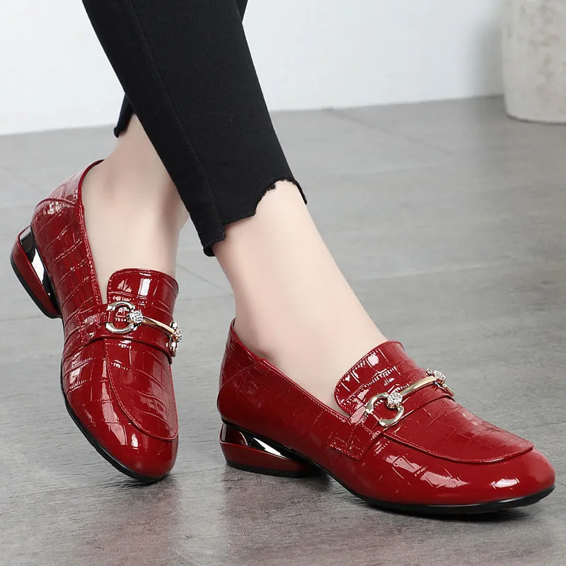 Soft leather British style shiny PU slip-on high heel shoes for women in black with rhinestones and buckle