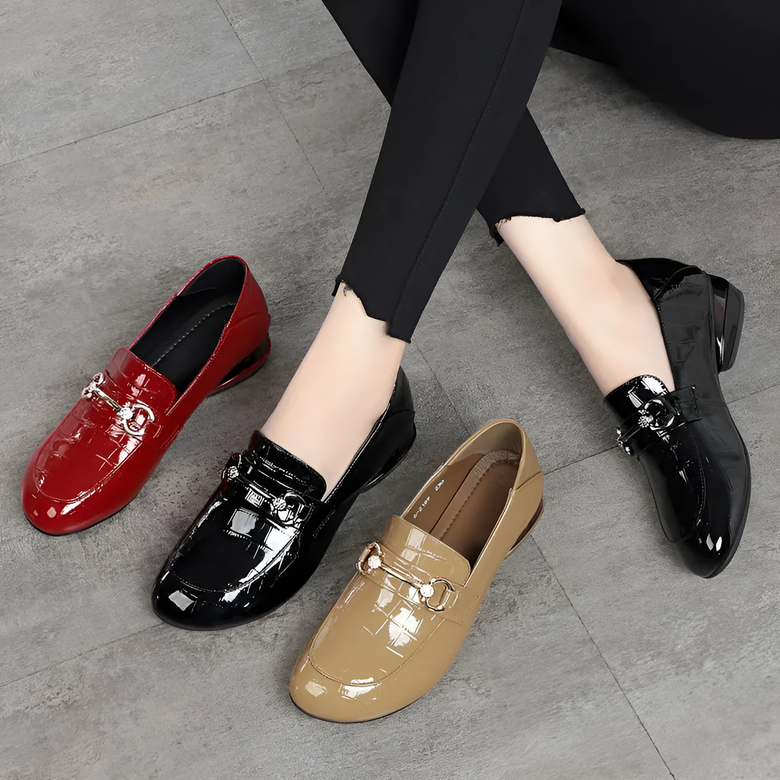 Soft leather British style shiny PU slip-on high heel shoes for women in black with rhinestones and buckle
