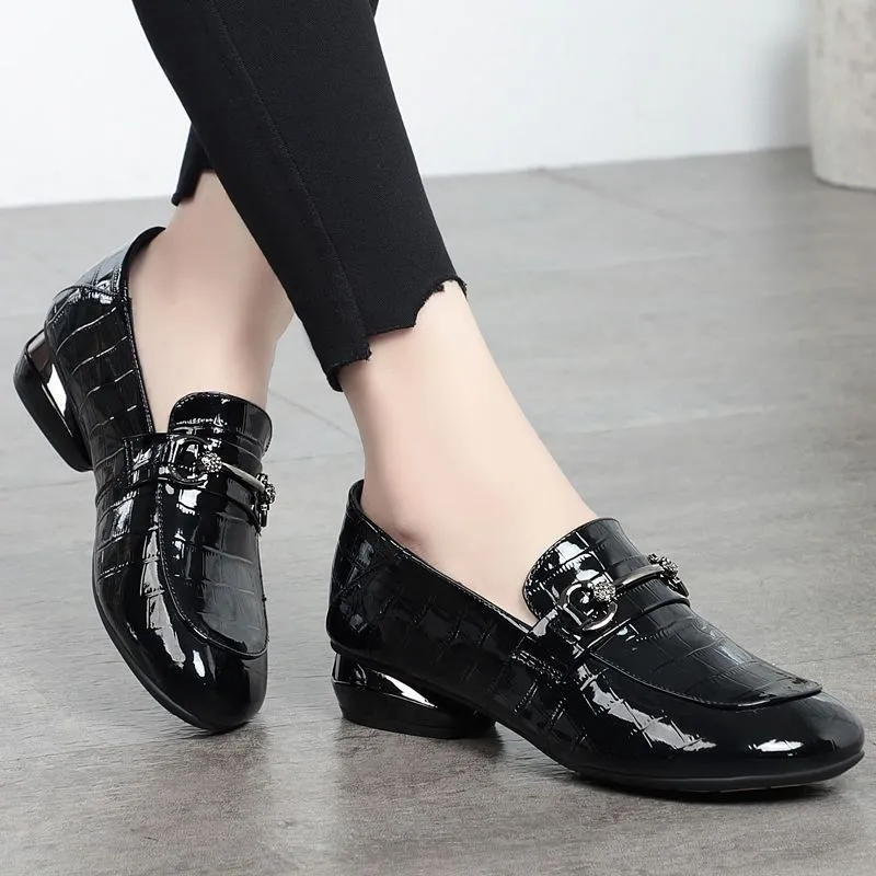 Soft leather British style shiny PU slip-on high heel shoes for women in black with rhinestones and buckle