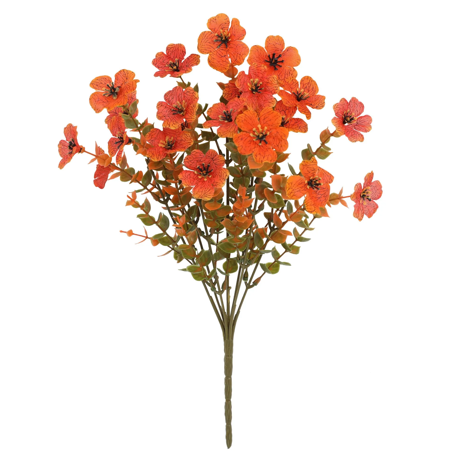 Artificial flower bouquet in autumn colours of red, yellow, and orange for home and event decoration.