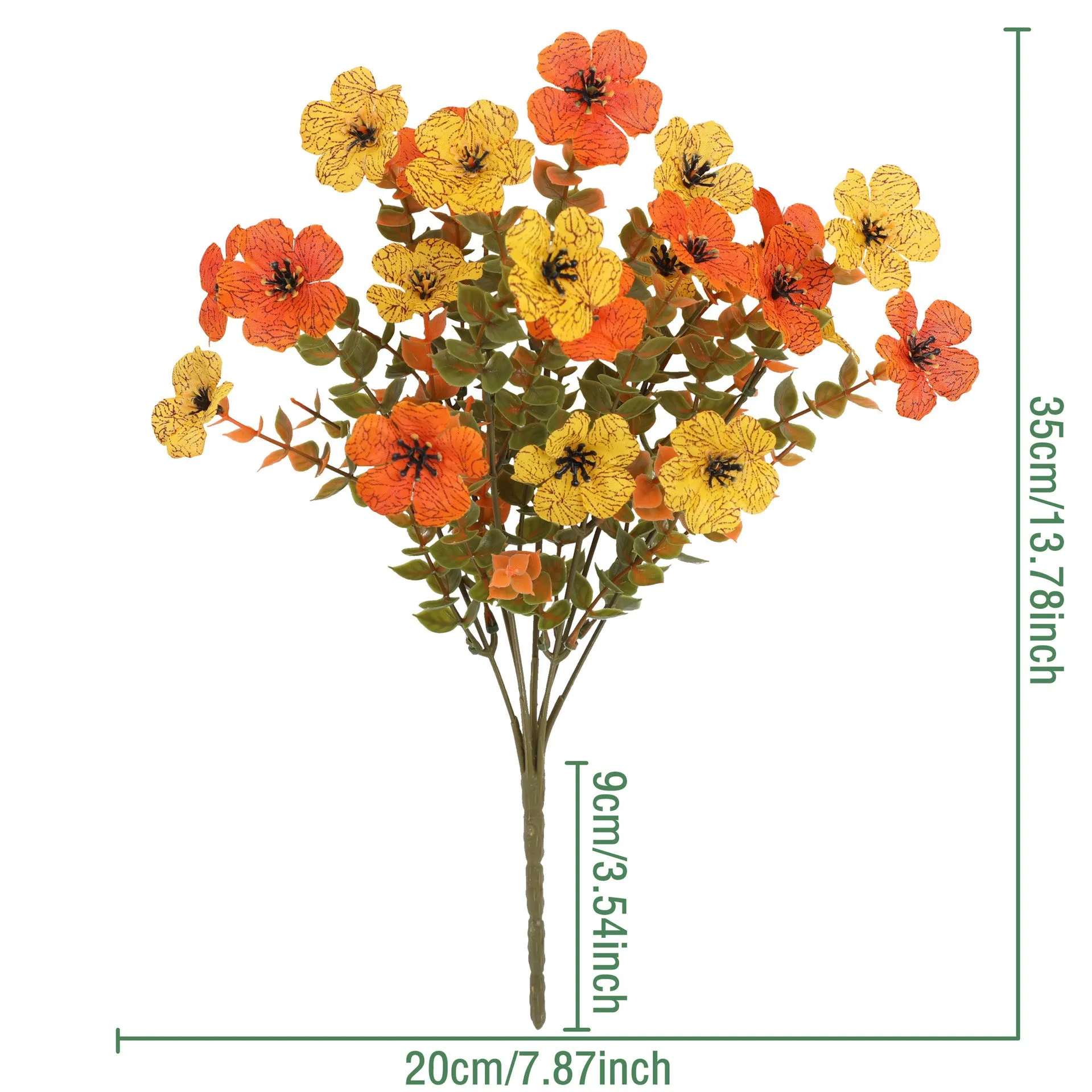 Artificial flower bouquet in autumn colours of red, yellow, and orange for home and event decoration.