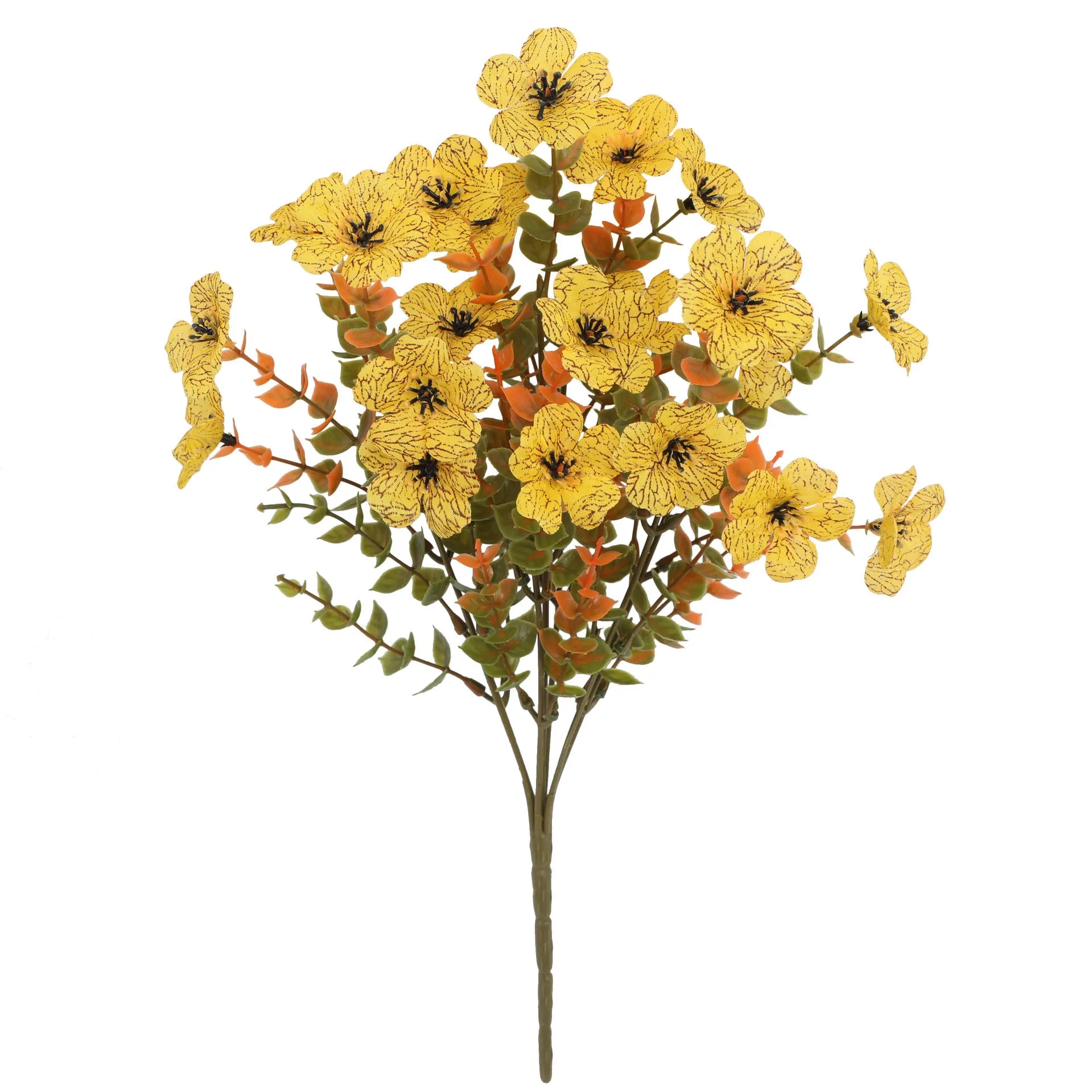 Artificial flower bouquet in autumn colours of red, yellow, and orange for home and event decoration.