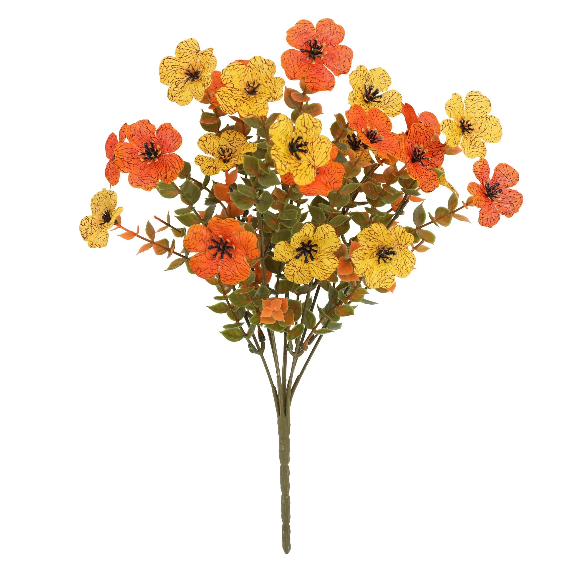 Artificial flower bouquet in autumn colours of red, yellow, and orange for home and event decoration.