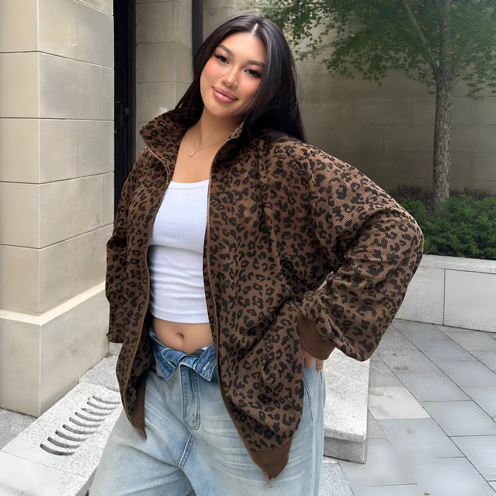 Brown leopard print corduroy zip-up sweatshirt for women with long sleeves and loose fit
