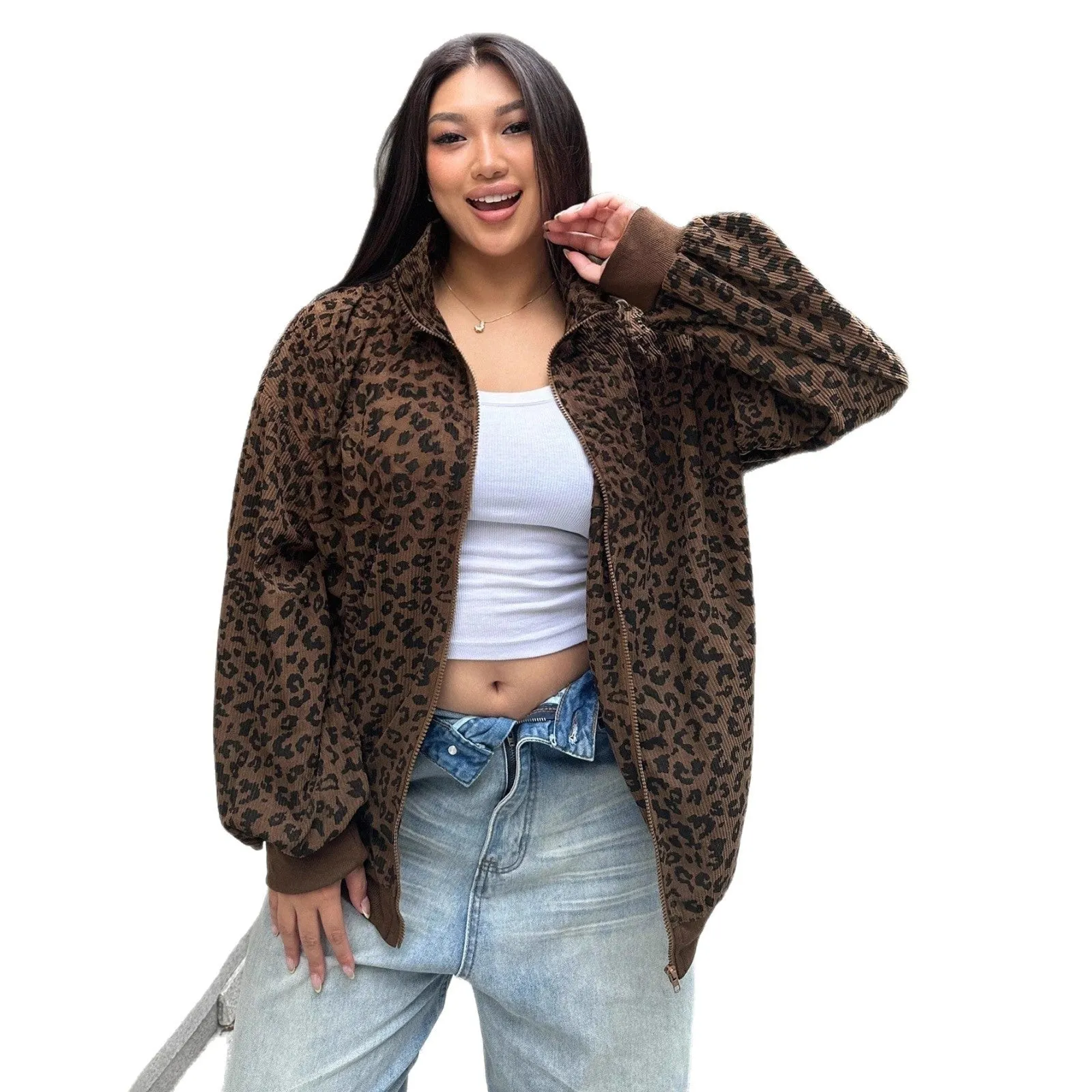 Brown leopard print corduroy zip-up sweatshirt for women with long sleeves and loose fit