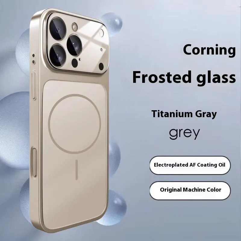 Frosted tempered glass magnetic phone case for iPhone, shown in titanium grey colour.