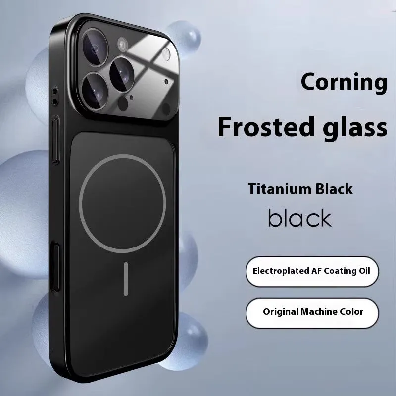 Frosted tempered glass magnetic phone case for iPhone, shown in titanium grey colour.