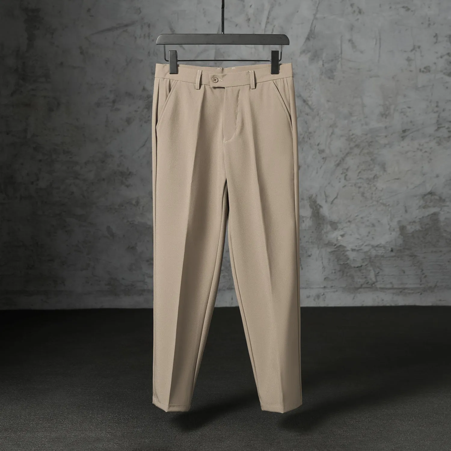 Autumn men's straight loose fit brushed polyester casual trousers in khaki, front view