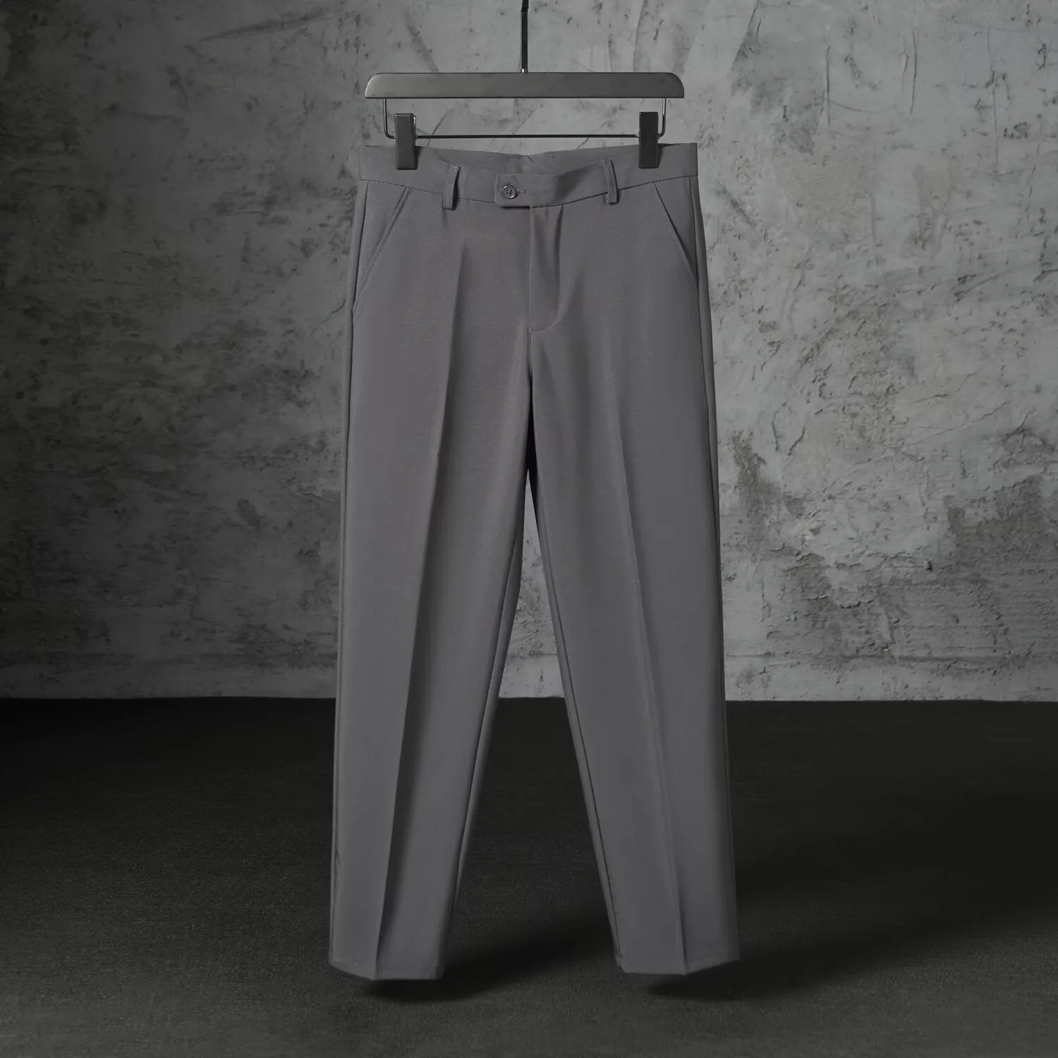 Autumn men's straight loose fit brushed polyester casual trousers in khaki, front view