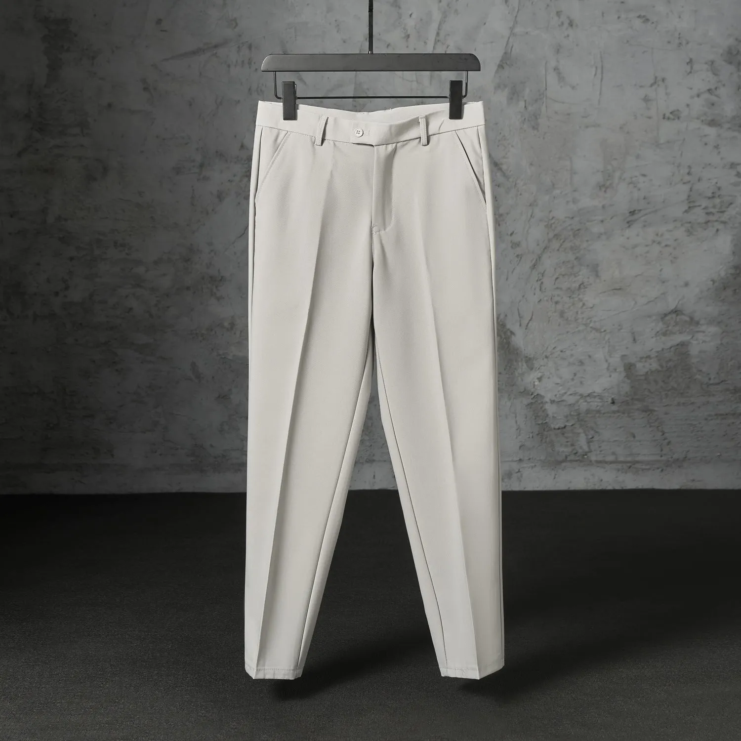 Autumn men's straight loose fit brushed polyester casual trousers in khaki, front view