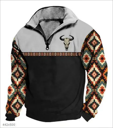 Digital print stand collar men's street zip-up hoodie in polyester air layer fabric loose fit
