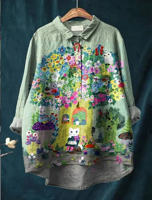3D printed long sleeve pullover shirt with animal print and flower pattern, polyester fabric, regular fit