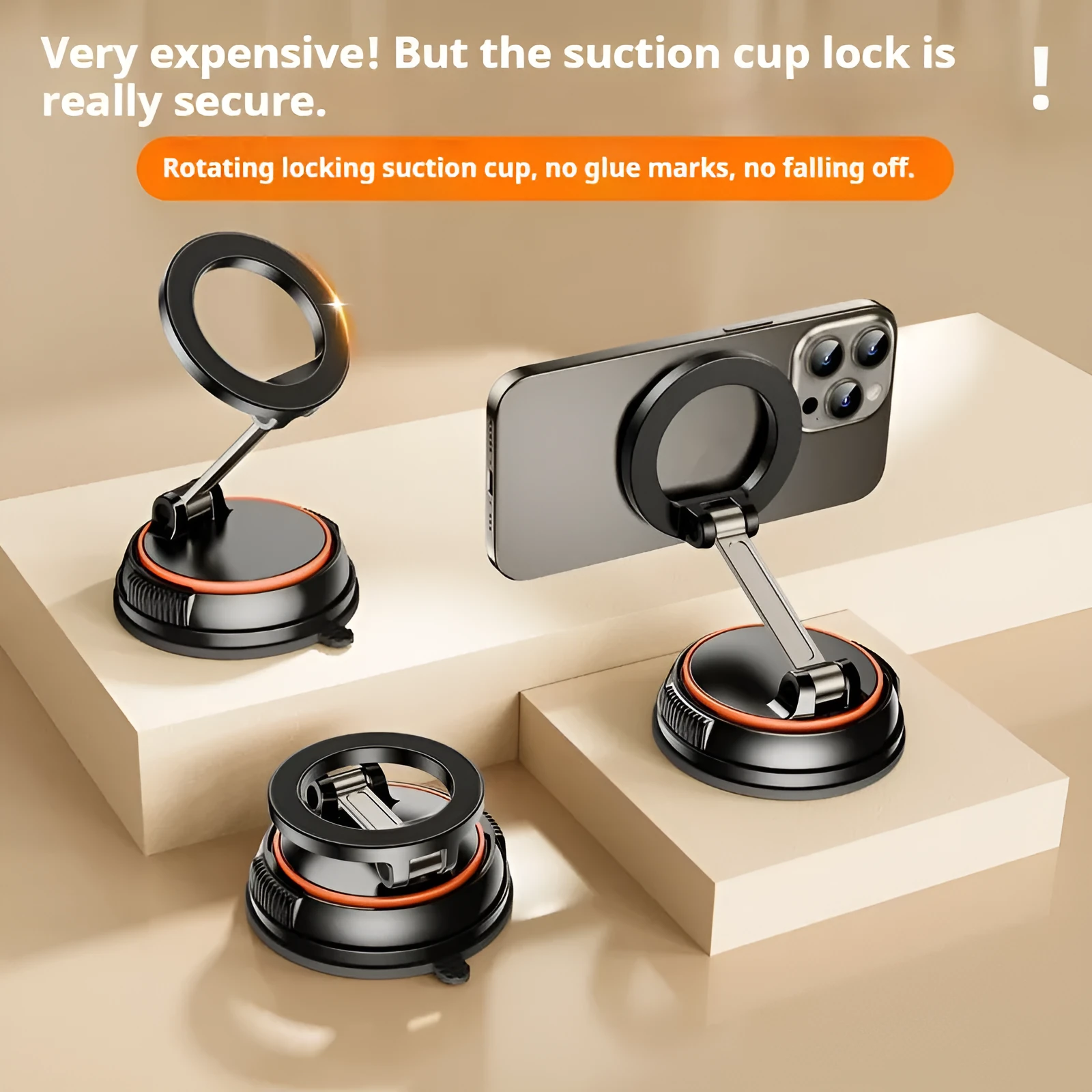 Foldable adjustable magnetic metal car phone holder for dashboard, black orange colour, X70 model, folded view showing compact size