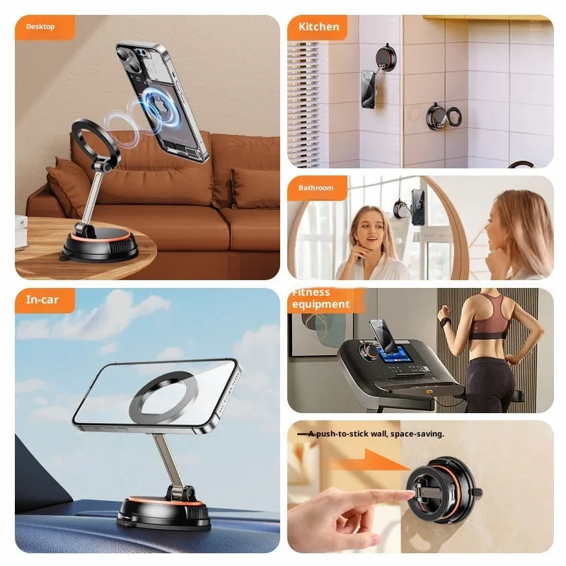 Foldable adjustable magnetic metal car phone holder for dashboard, black orange colour, X70 model, folded view showing compact size