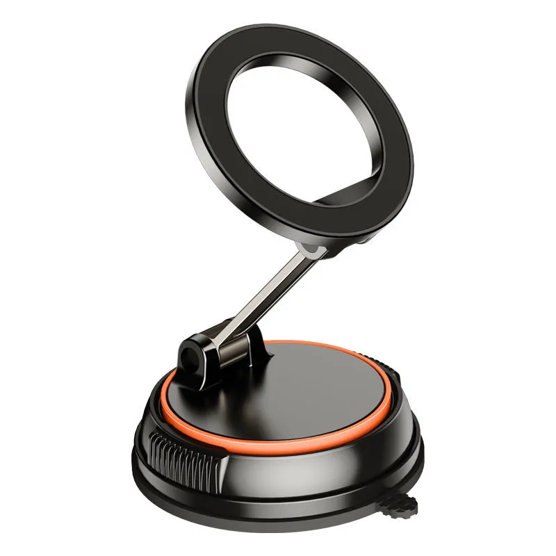 Foldable adjustable magnetic metal car phone holder for dashboard, black orange colour, X70 model, folded view showing compact size