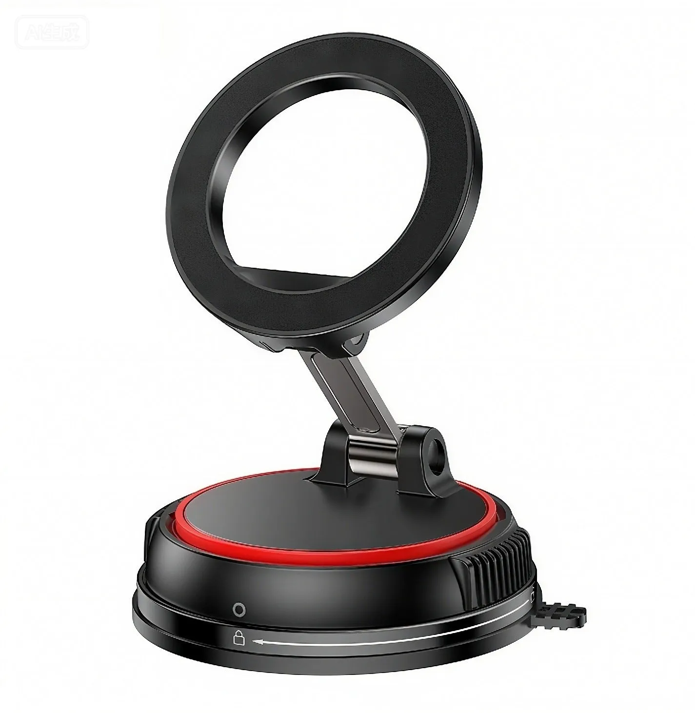 Foldable adjustable magnetic metal car phone holder for dashboard, black orange colour, X70 model, folded view showing compact size