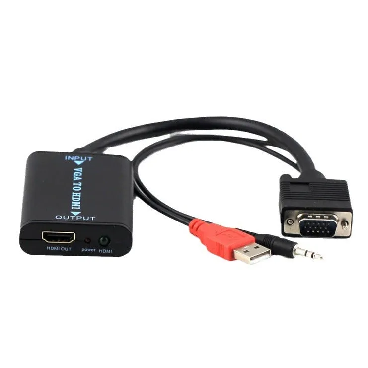 Black VGA to HDMI converter with USB cable for computer to television connection