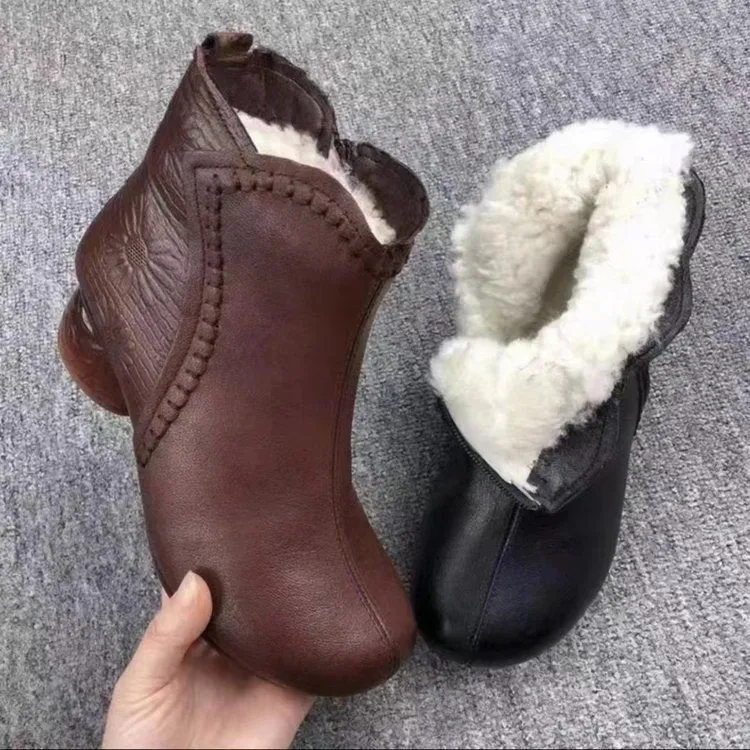 Women's winter anti-slip chunky heel boots with fleece lining, platform, and side zipper in brown fur lining option