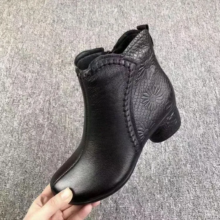 Women's winter anti-slip chunky heel boots with fleece lining, platform, and side zipper in brown fur lining option