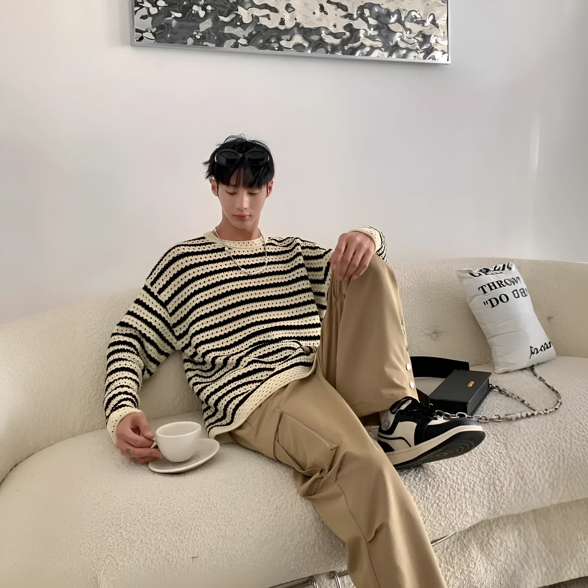 Men's black cotton blend long sleeve loose fit sweater for casual wear