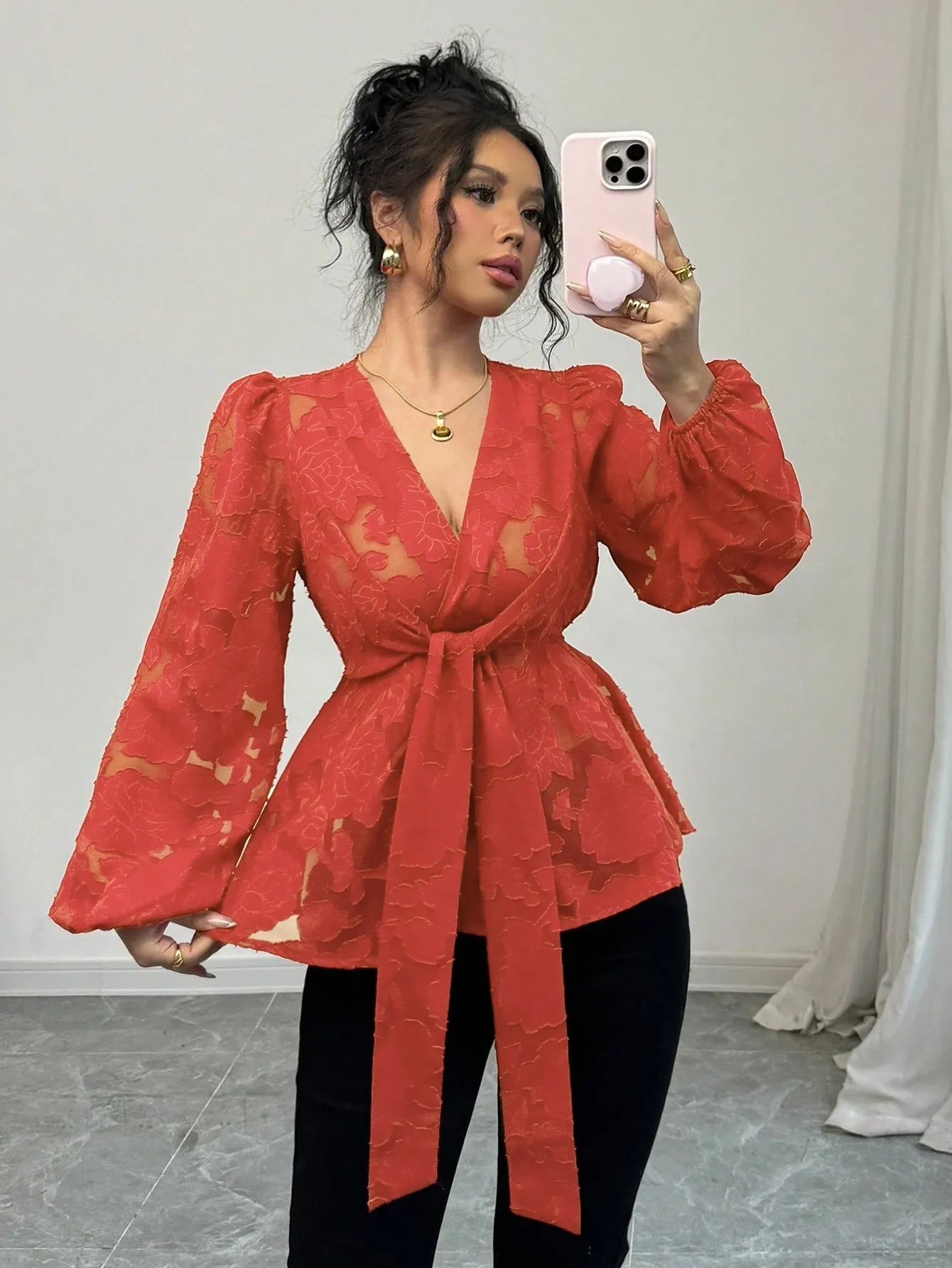 Women's black hollow out embroidery polyester shirt with V-neck and long sleeves, front view
