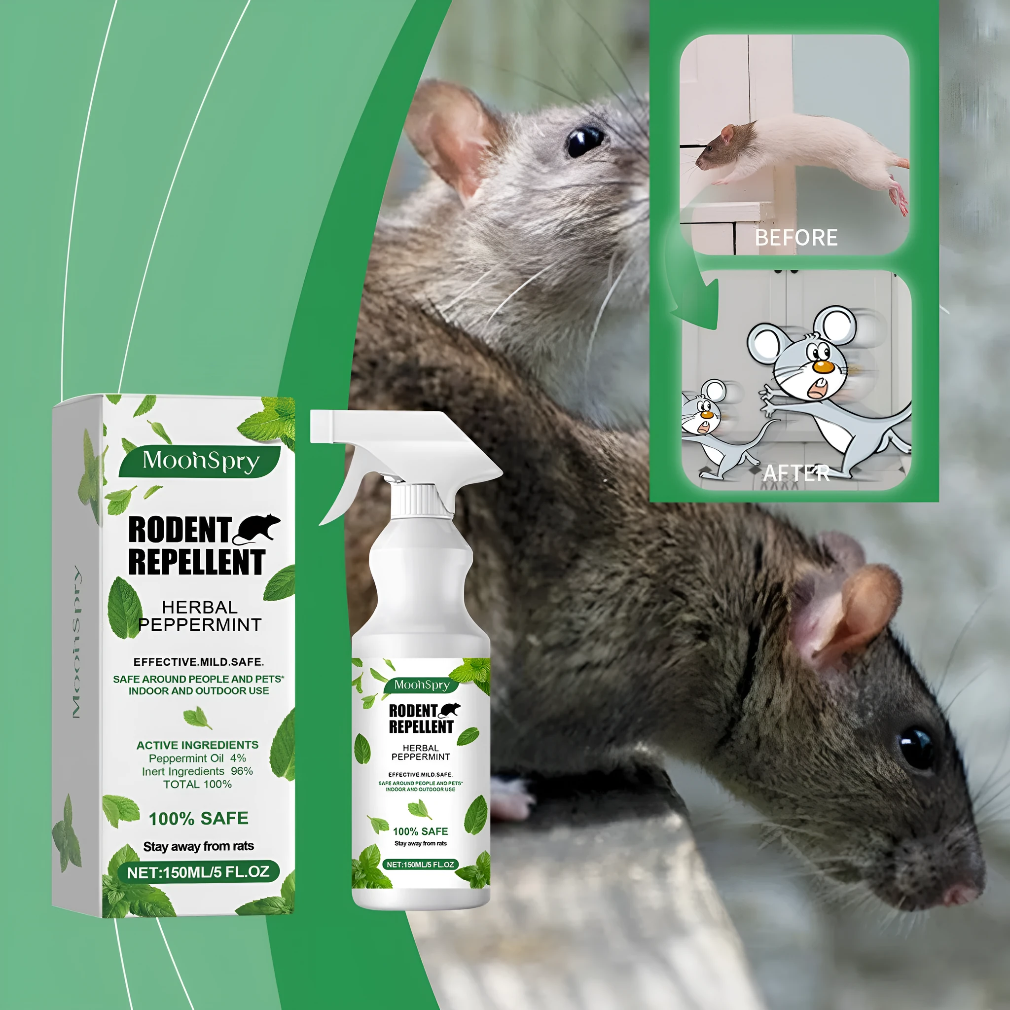 Mint-flavoured rodent repellent spray in 150ml bottle with peppermint and chilli oils