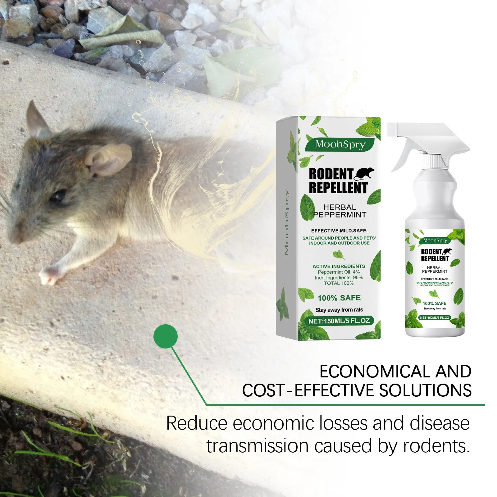 Mint-flavoured rodent repellent spray in 150ml bottle with peppermint and chilli oils