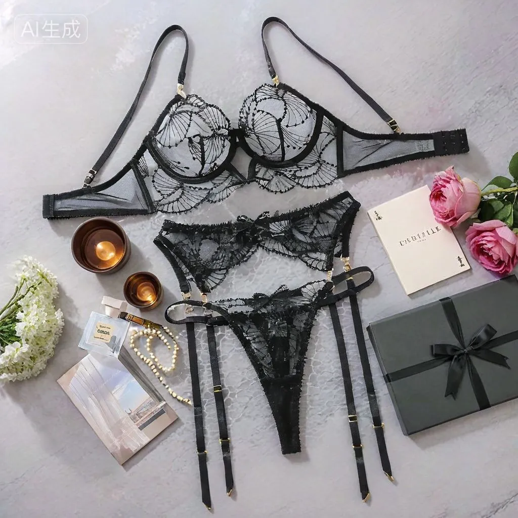 Ladies' embroidered lingerie bra set in wine red, polyester fabric, includes matching underwear, Asian sizing S M L