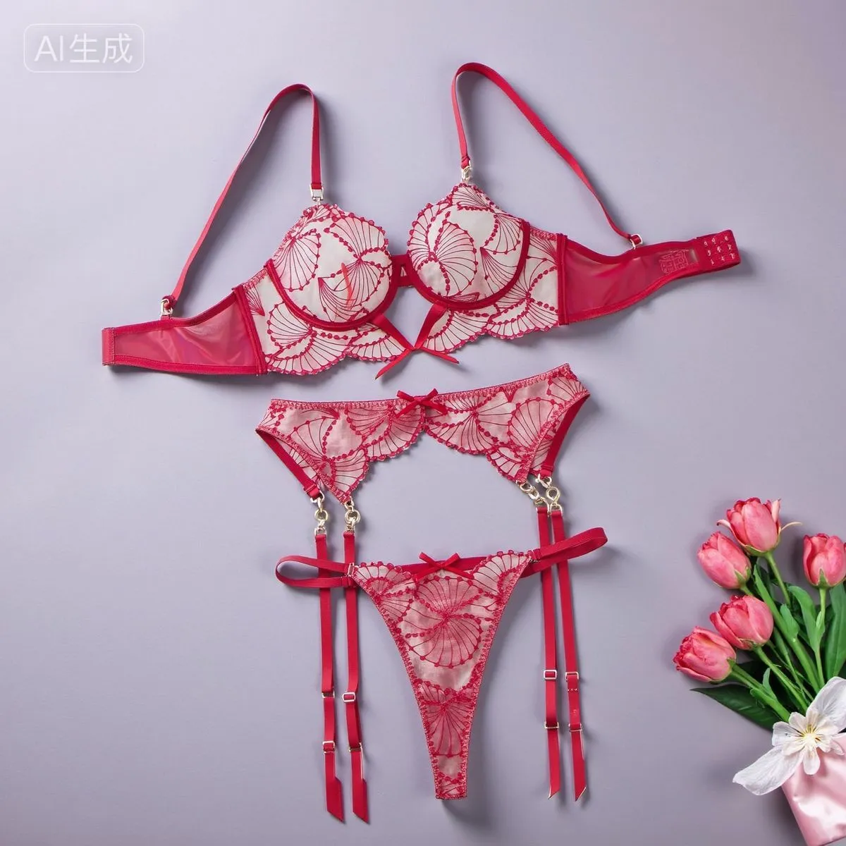Ladies' embroidered lingerie bra set in wine red, polyester fabric, includes matching underwear, Asian sizing S M L