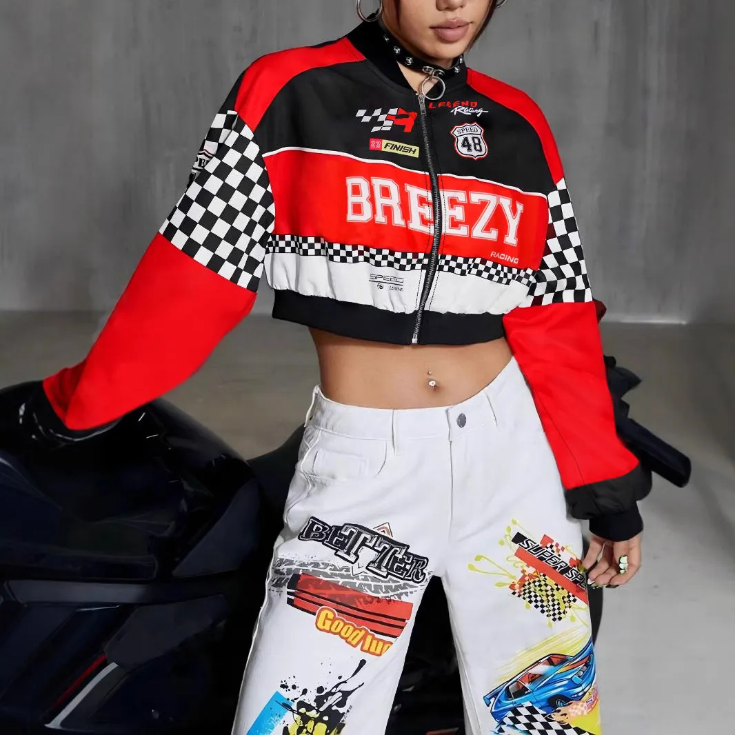 Women's loose fit geometric print zipper jacket in street hipster style