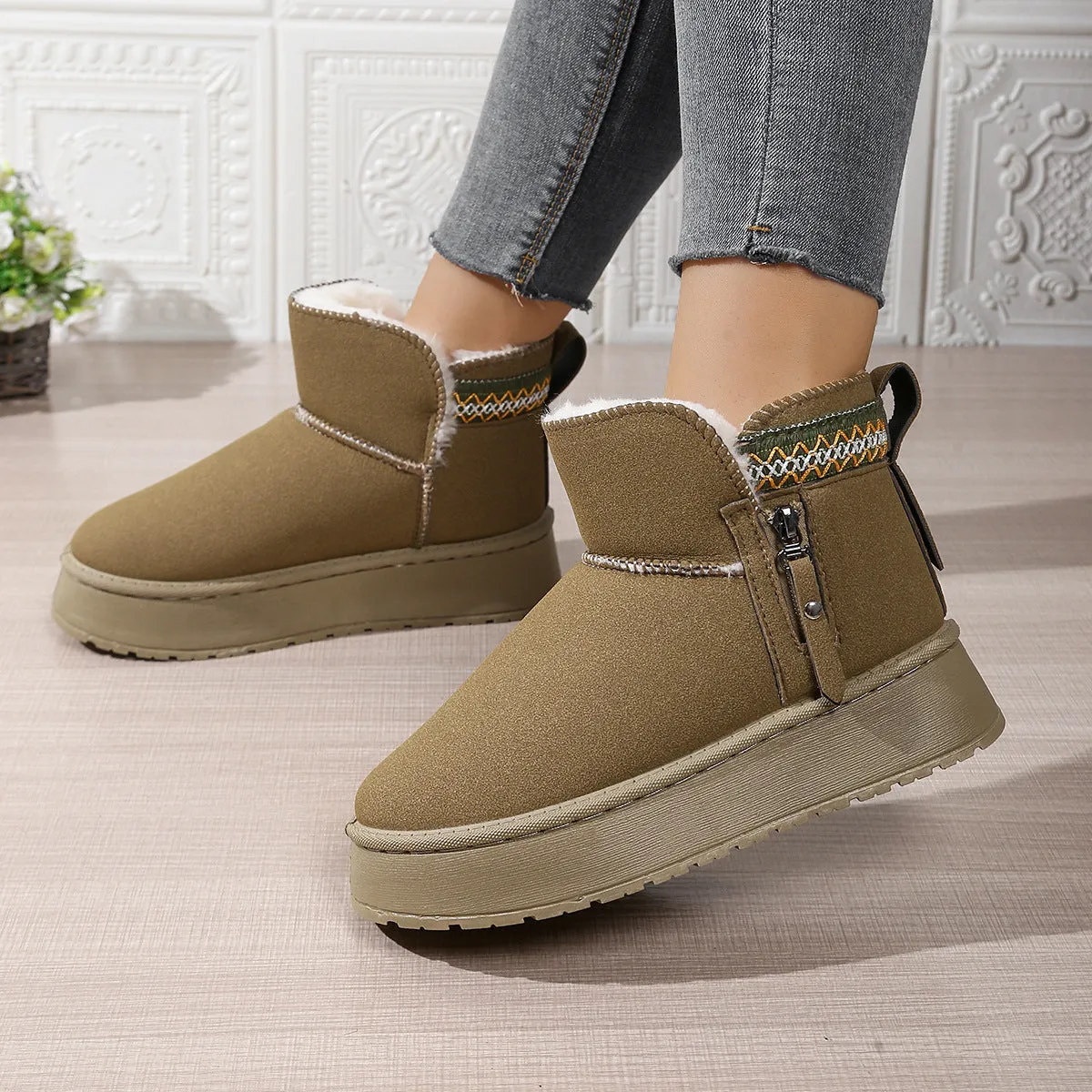 Side zipper thick sole height increasing snow boots for women in cow suede leather, black brown khaki colours