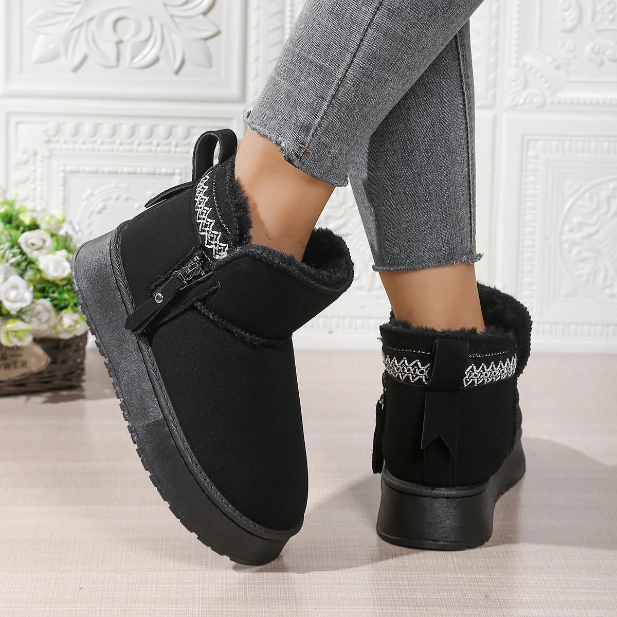 Side zipper thick sole height increasing snow boots for women in cow suede leather, black brown khaki colours