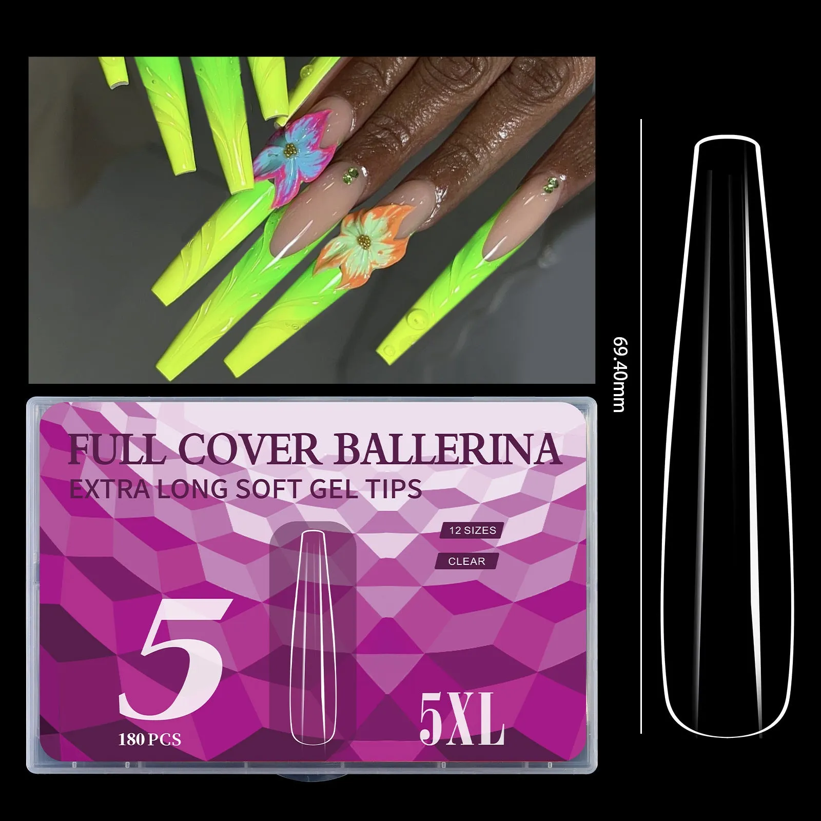 180 extra long seamless French nail tips manicure set in six colour options laid out on a white background