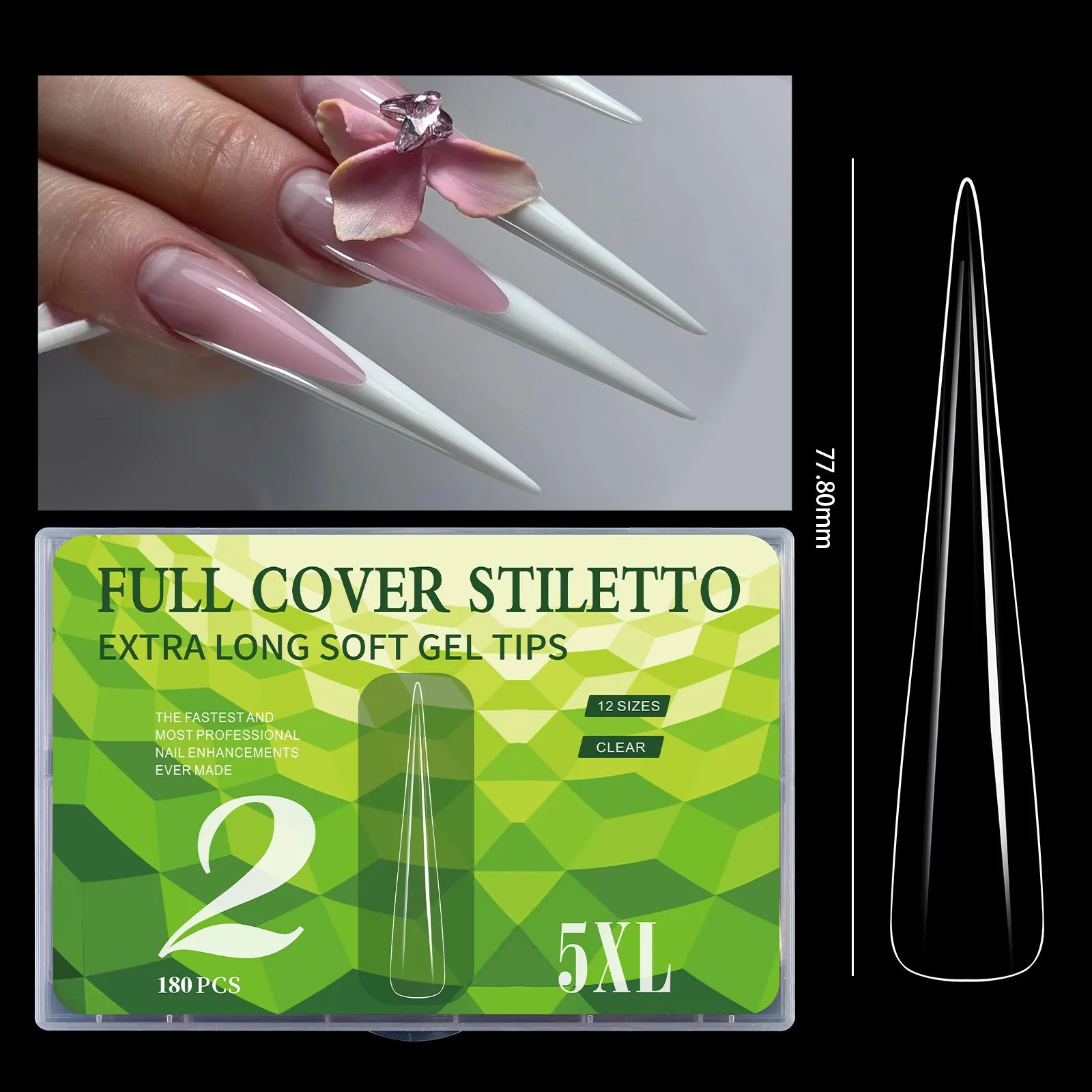 180 extra long seamless French nail tips manicure set in six colour options laid out on a white background