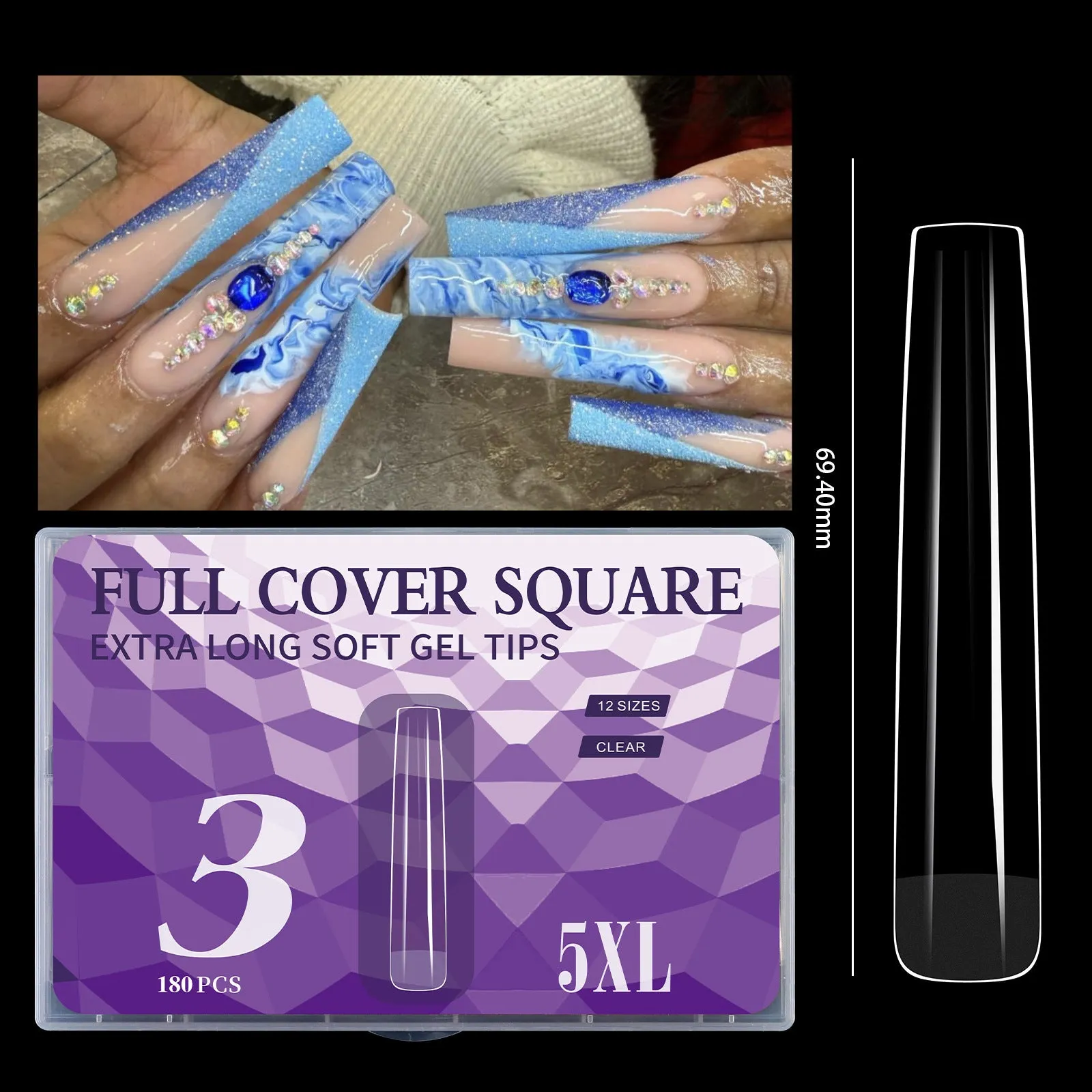 180 extra long seamless French nail tips manicure set in six colour options laid out on a white background