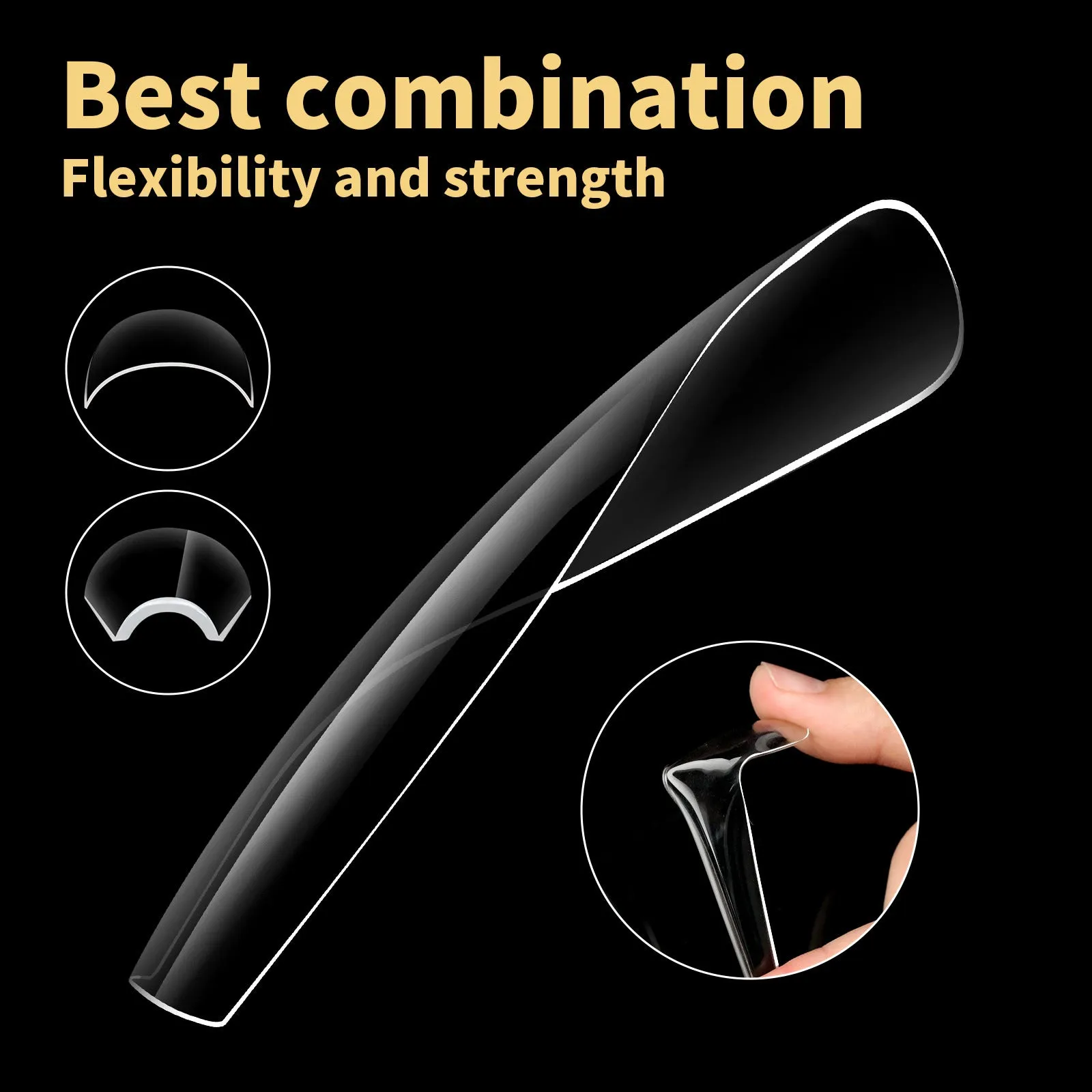 180 extra long seamless French nail tips manicure set in six colour options laid out on a white background