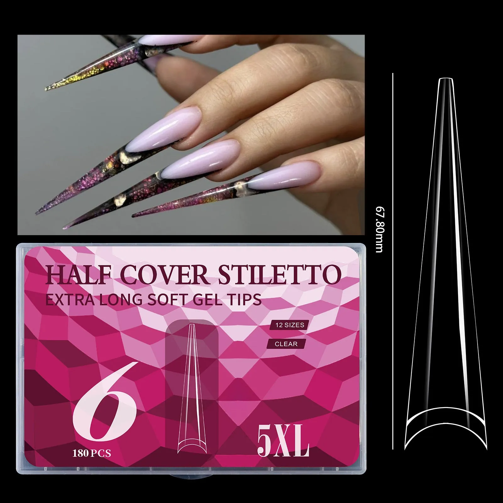 180 extra long seamless French nail tips manicure set in six colour options laid out on a white background