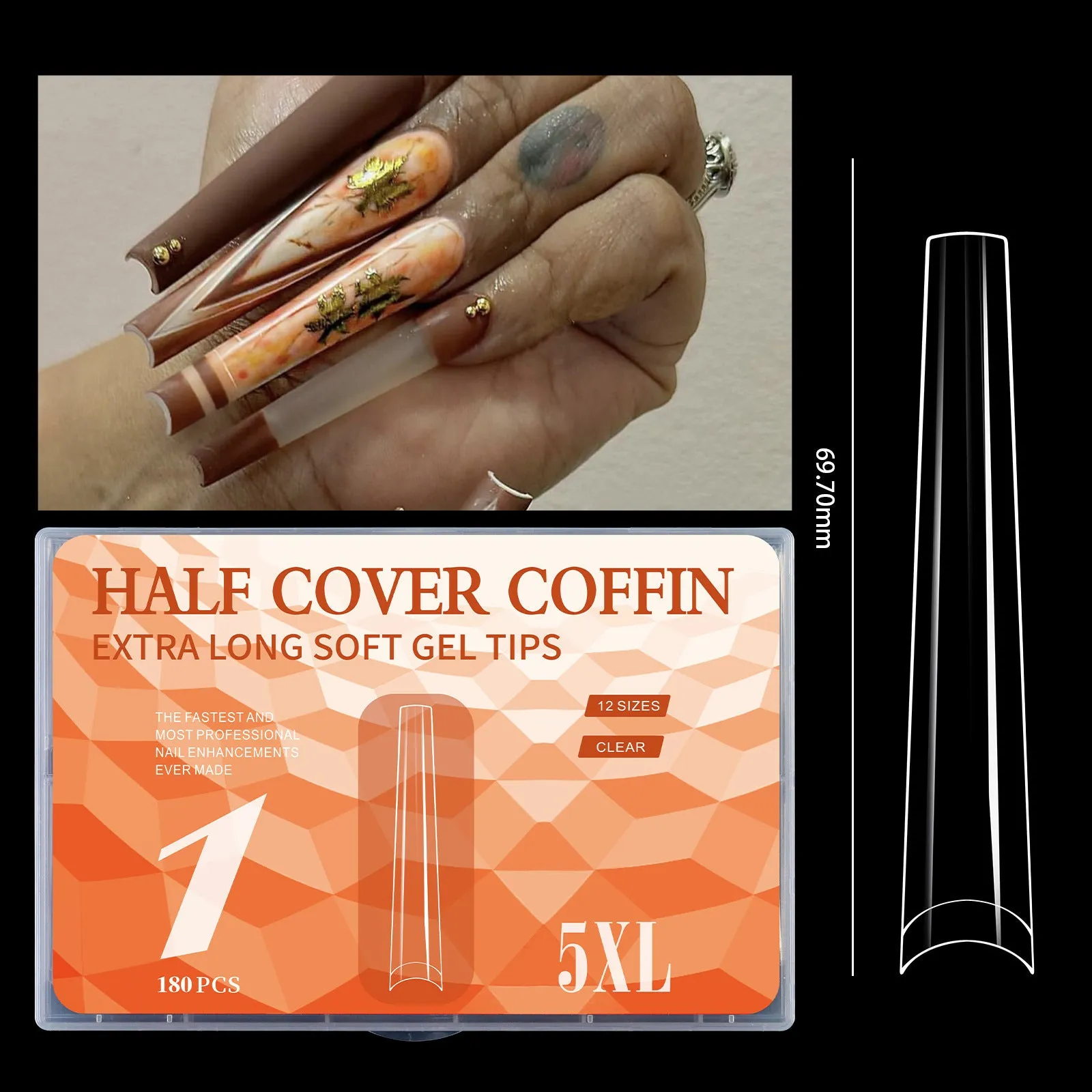 180 extra long seamless French nail tips manicure set in six colour options laid out on a white background