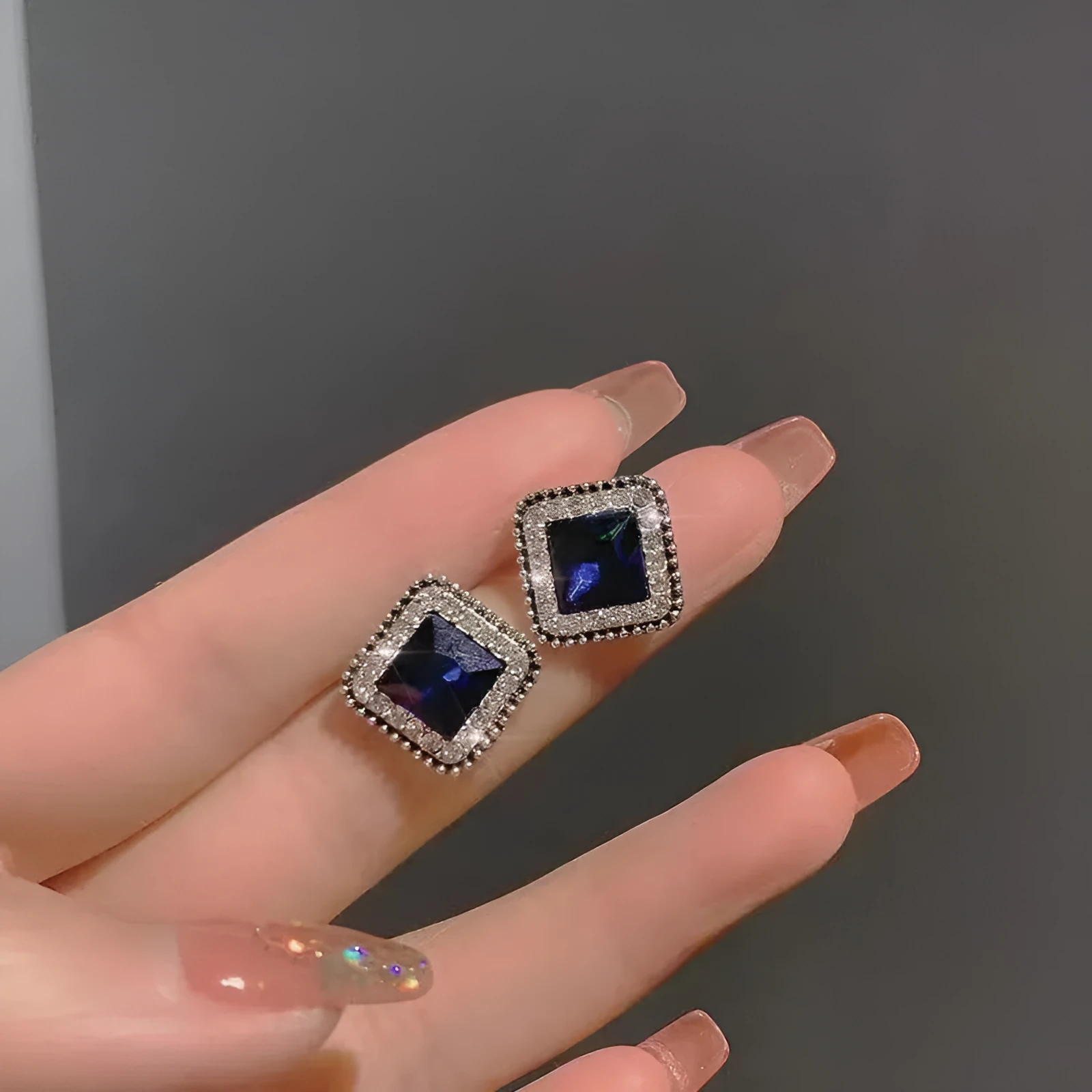 Blue square diamond inlay earrings for women, geometric zinc alloy design, sweet and cool style