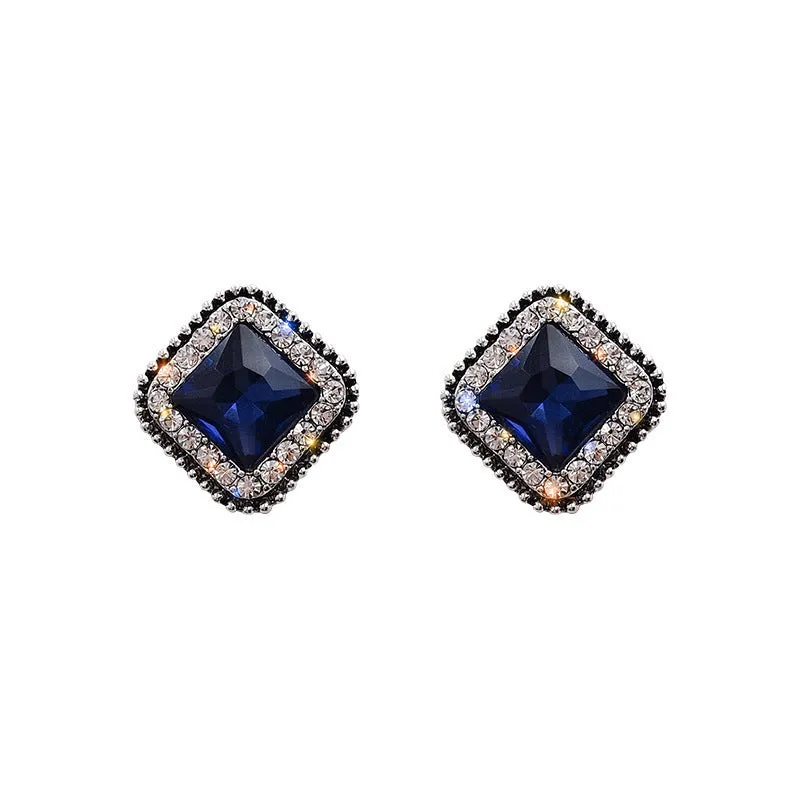 Blue square diamond inlay earrings for women, geometric zinc alloy design, sweet and cool style